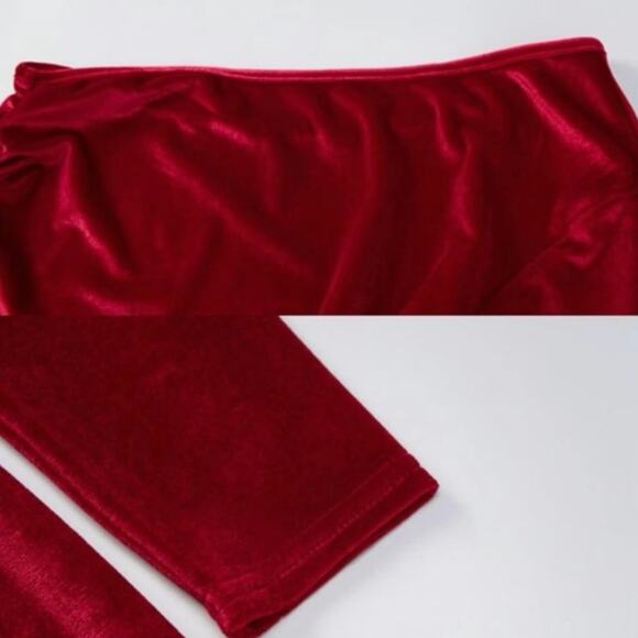 NEW Boutique Red Velvet One Shoulder Ruched Slit Glam Holiday Evening Dress - Picture 7 of 8